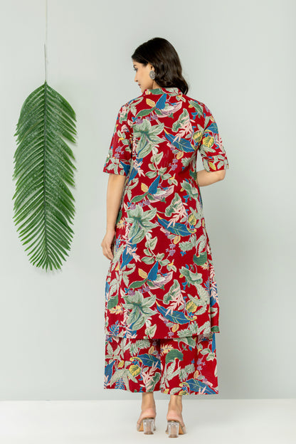 JUNGLE PRINT COTTON 2 PEICE KURTI PLAZZO SET IN CHERRY RED BY PLUSSIZEKURTI