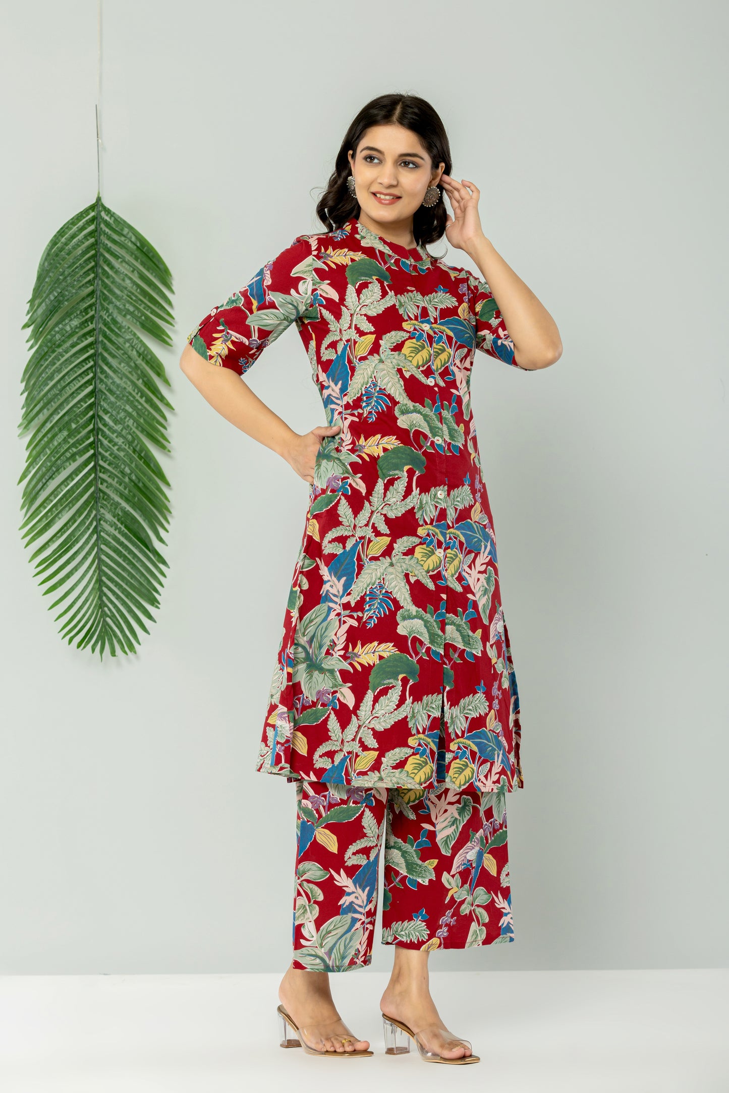 JUNGLE PRINT COTTON 2 PEICE KURTI PLAZZO SET IN CHERRY RED BY PLUSSIZEKURTI