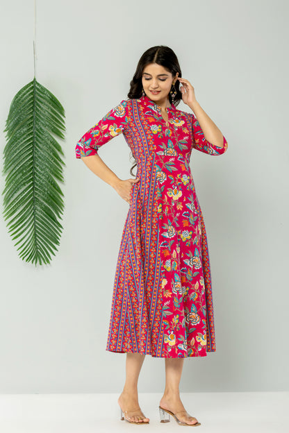 MUGHAL FLORAL PRINT ALINE FLARED COTTON DRESS IN RANIPINK BY PLUSSIZEKURTI