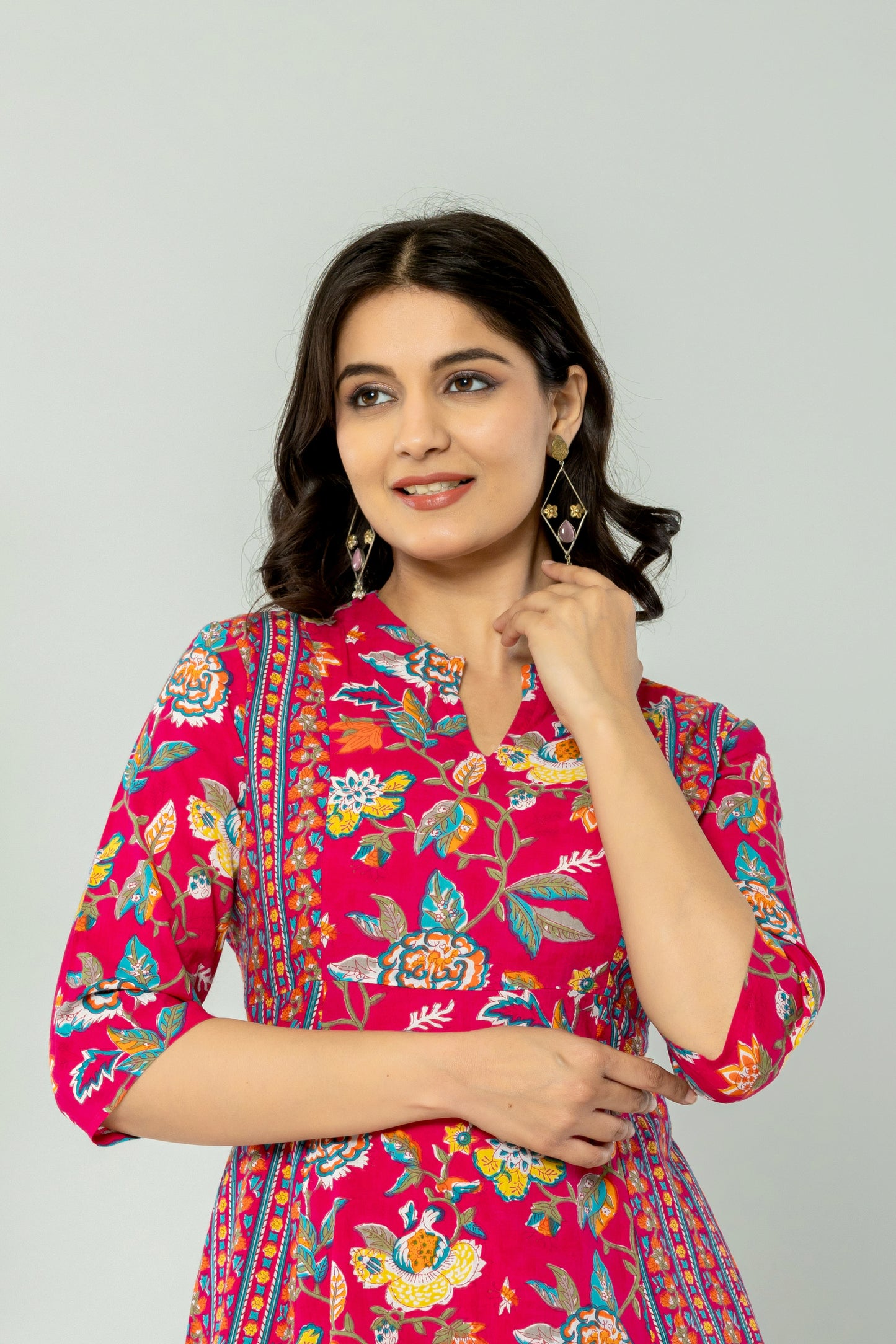 MUGHAL FLORAL PRINT ALINE FLARED COTTON DRESS IN RANIPINK BY PLUSSIZEKURTI
