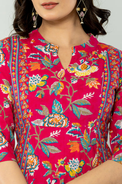 MUGHAL FLORAL PRINT ALINE FLARED COTTON DRESS IN RANIPINK BY PLUSSIZEKURTI