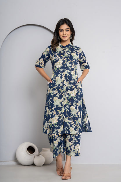 FLORAL PRINT COTTON 2 PEICE KURTI PLAZZO SET IN BLUE BY PLUSSIZEKURTI