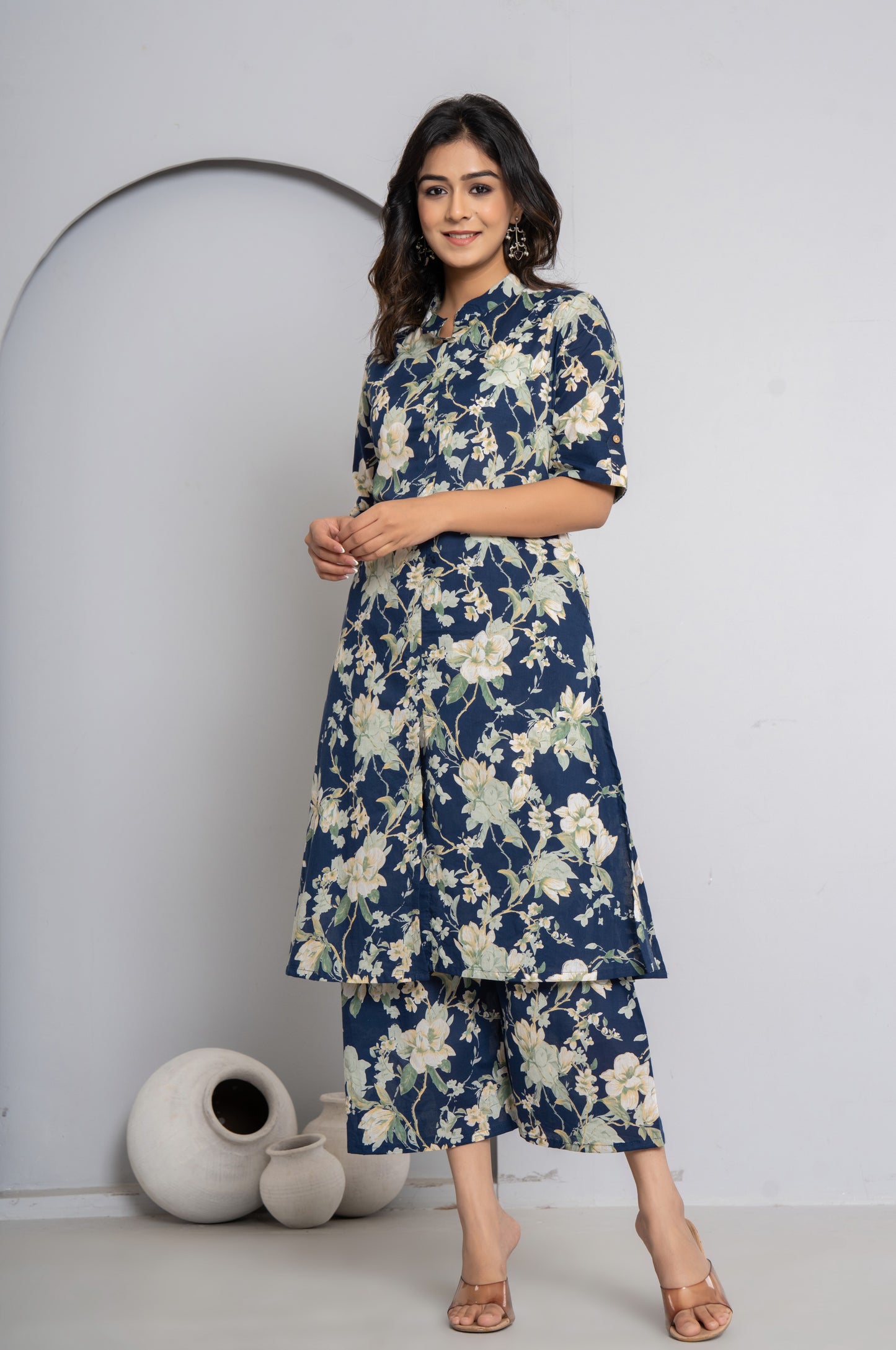 FLORAL PRINT COTTON 2 PEICE KURTI PLAZZO SET IN BLUE BY PLUSSIZEKURTI