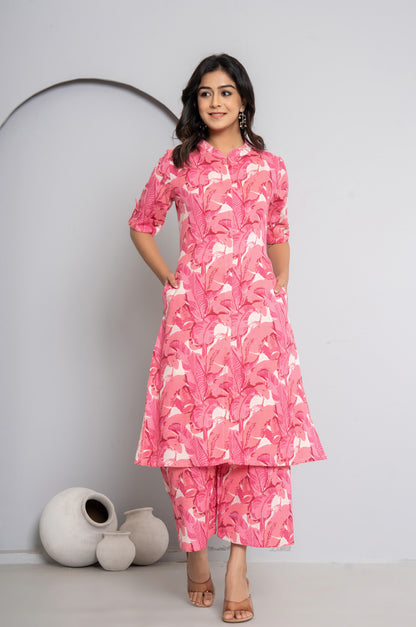 JUNGLE PRINT COTTON 2 PEICE KURTI PLAZZO SET IN PINK BY PLUSSIZEKURTI