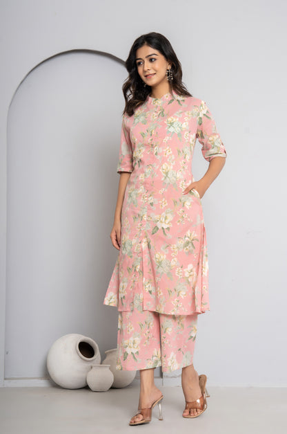 FLORAL PRINT COTTON 2 PEICE KURTI PLAZZO SET IN BABYPINK BY PLUSSIZEKURTI