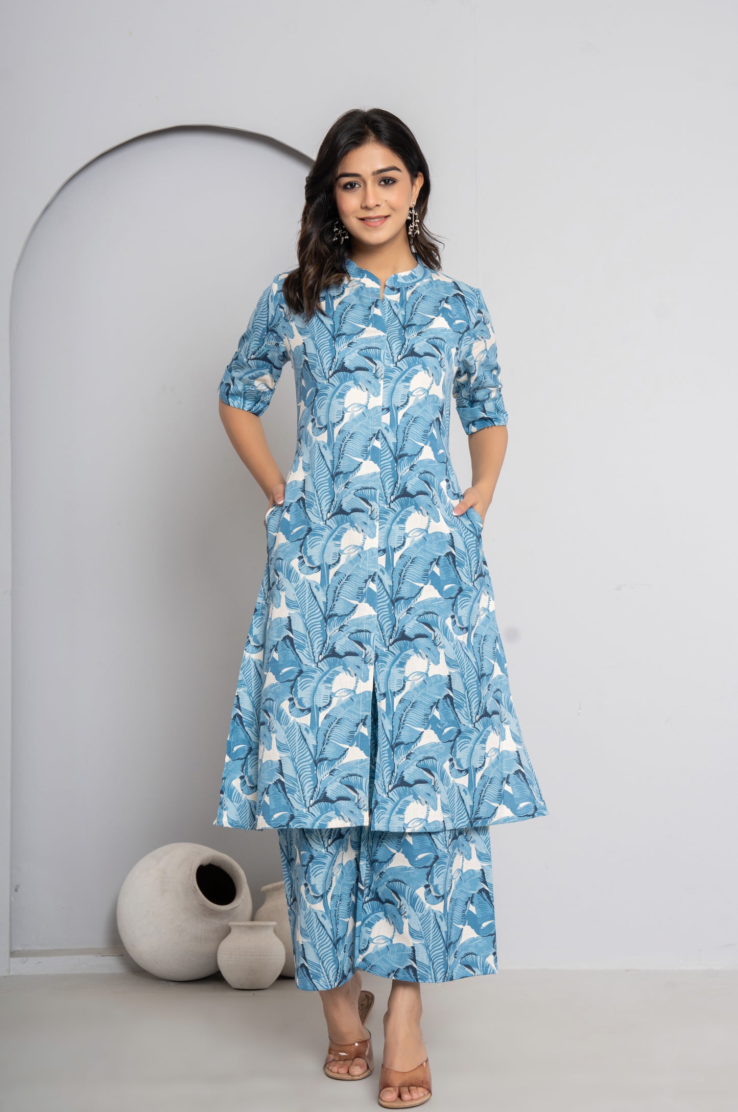 JUNGLE PRINT COTTON 2 PEICE KURTI PLAZZO SET IN SKYBLUE BY PLUSSIZEKURTI