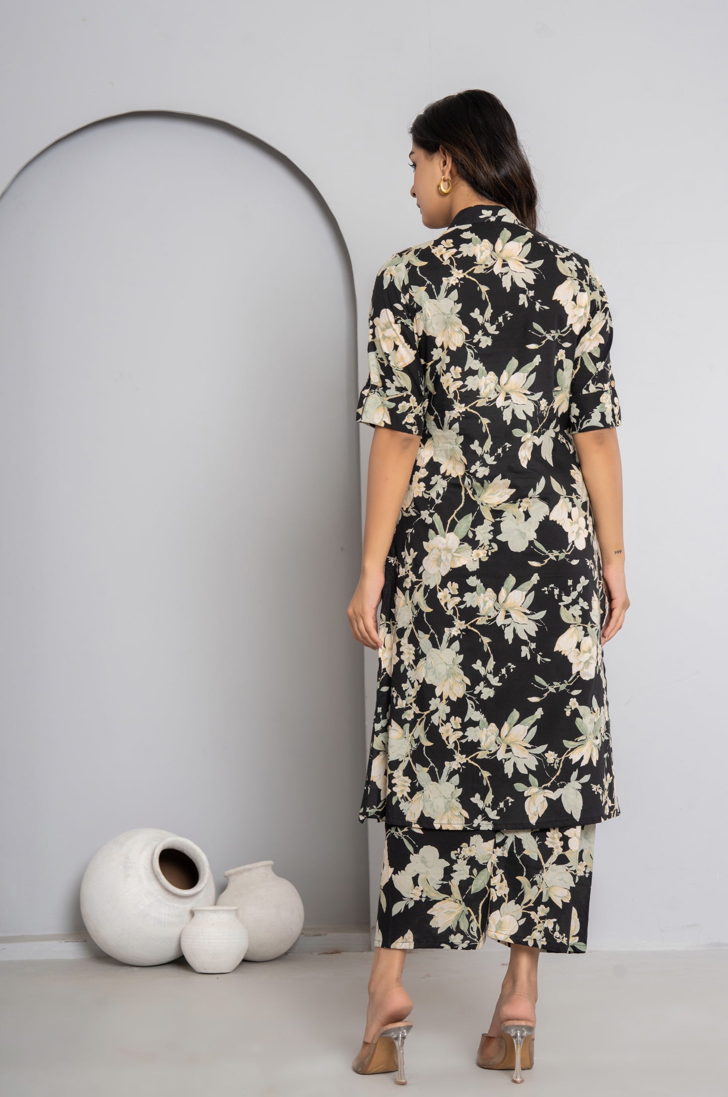 FLORAL PRINT COTTON 2 PEICE KURTI PLAZZO SET IN BLACK BY PLUSSIZEKURTI