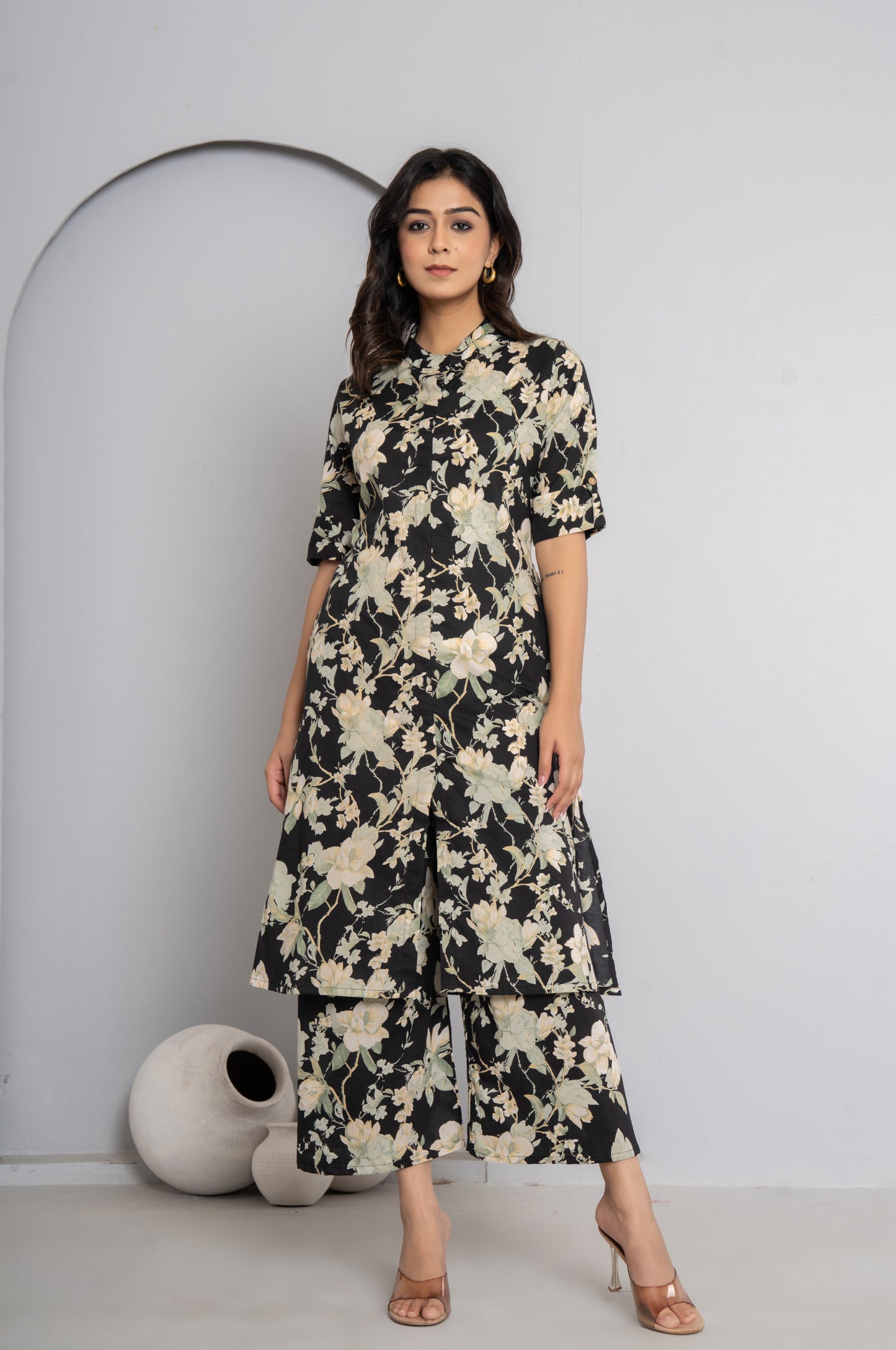 FLORAL PRINT COTTON 2 PEICE KURTI PLAZZO SET IN BLACK BY PLUSSIZEKURTI