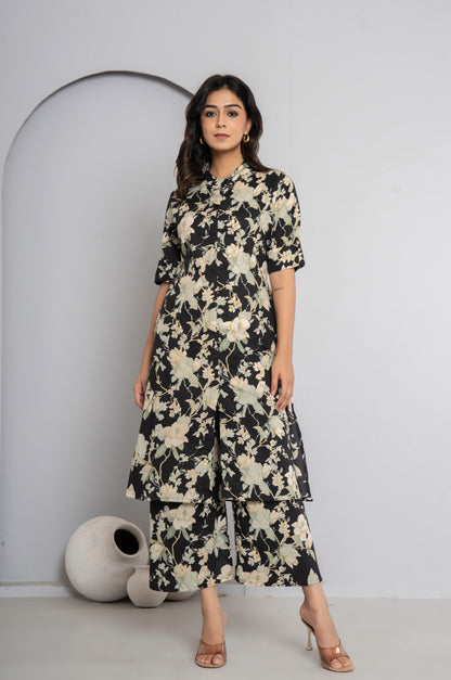 FLORAL PRINT COTTON 2 PEICE KURTI PLAZZO SET IN BLACK BY PLUSSIZEKURTI