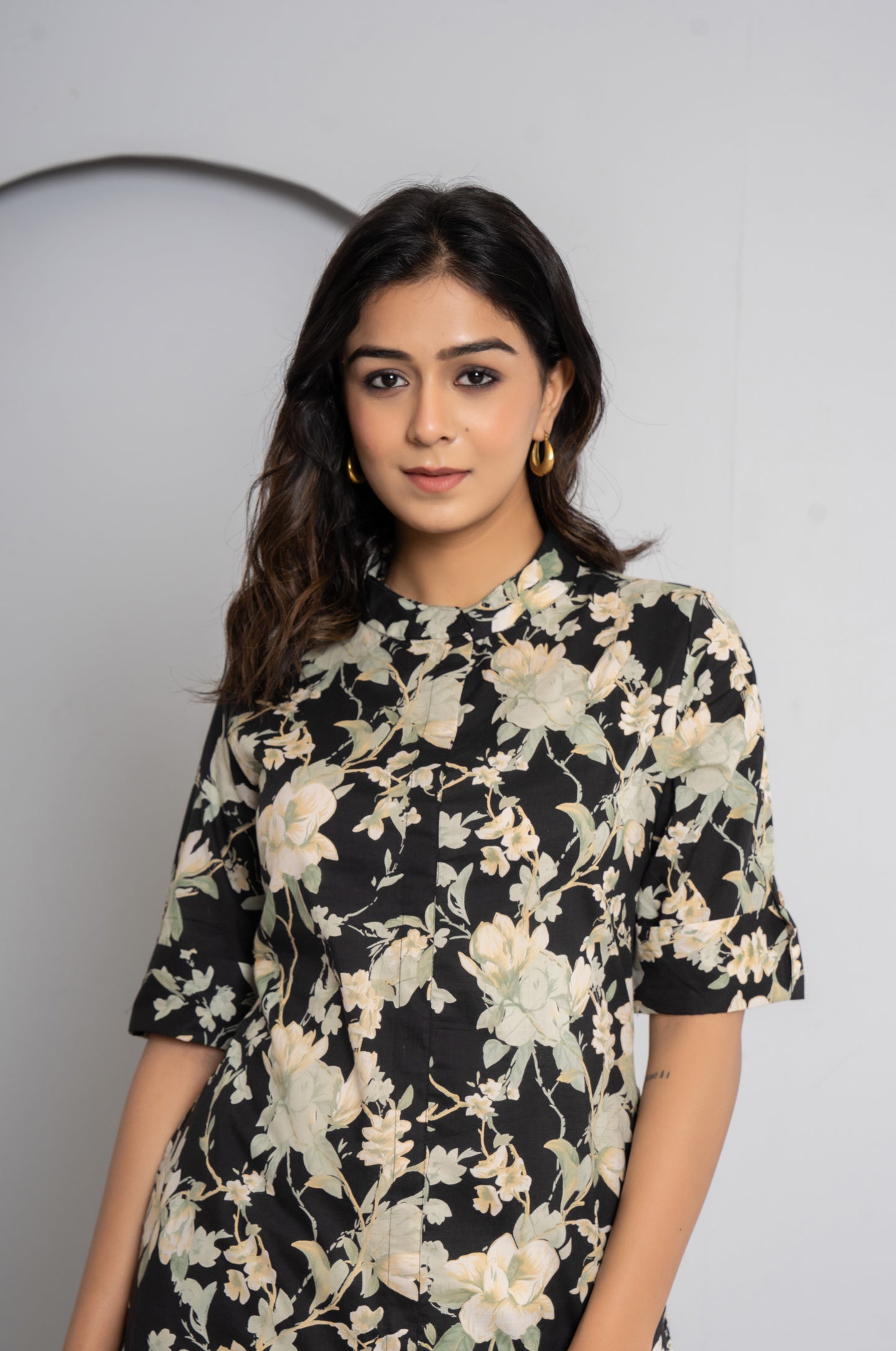 FLORAL PRINT COTTON 2 PEICE KURTI PLAZZO SET IN BLACK BY PLUSSIZEKURTI