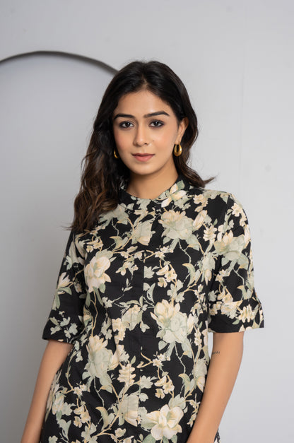 FLORAL PRINT COTTON 2 PEICE KURTI PLAZZO SET IN BLACK BY PLUSSIZEKURTI