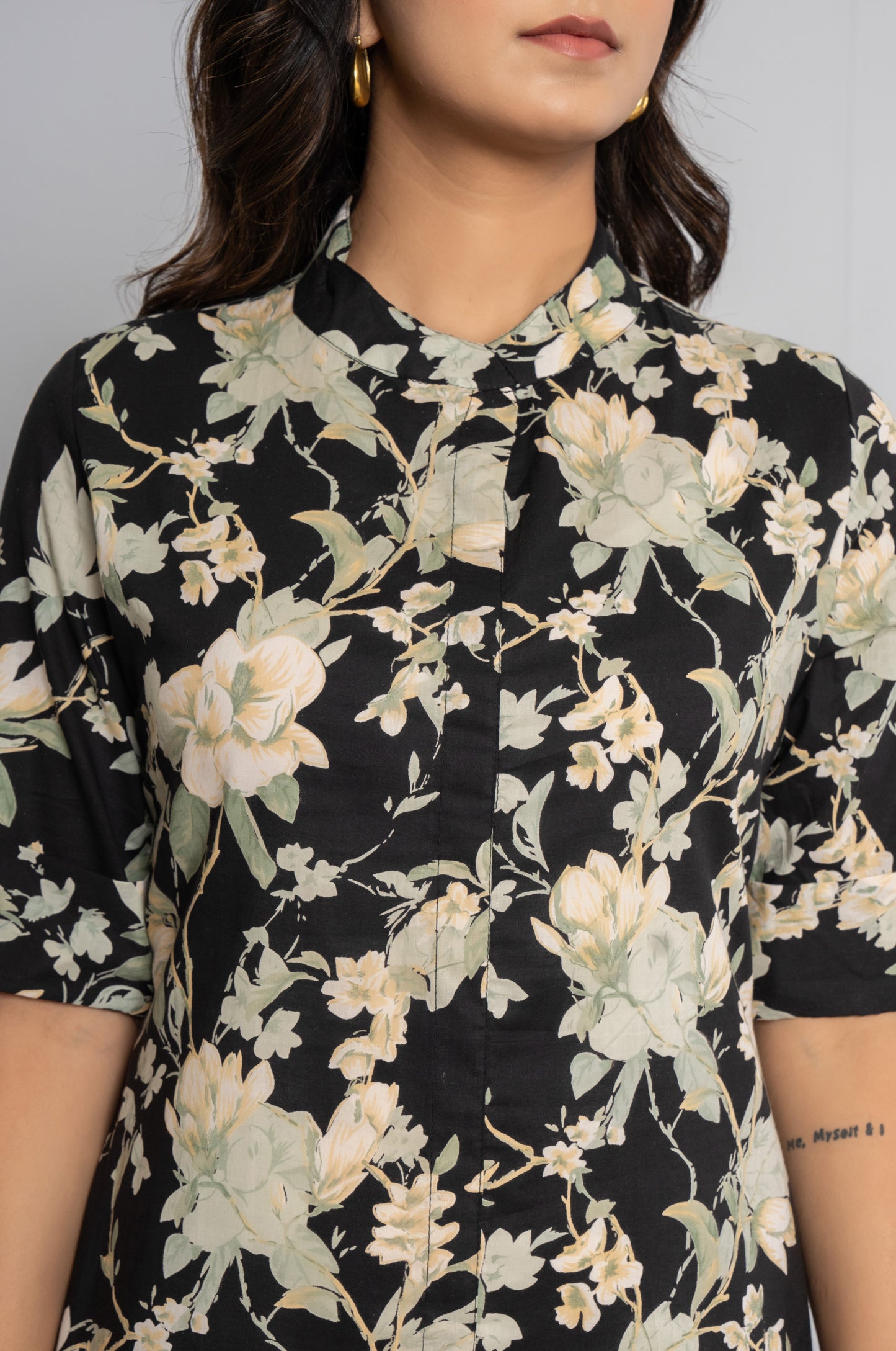 FLORAL PRINT COTTON 2 PEICE KURTI PLAZZO SET IN BLACK BY PLUSSIZEKURTI