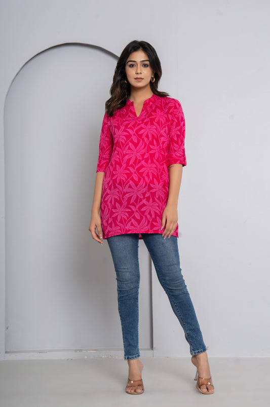 FLOWER PRINT COTTON TOP IN RANIPINK COLOUR BY PLUSSIZEKURTI