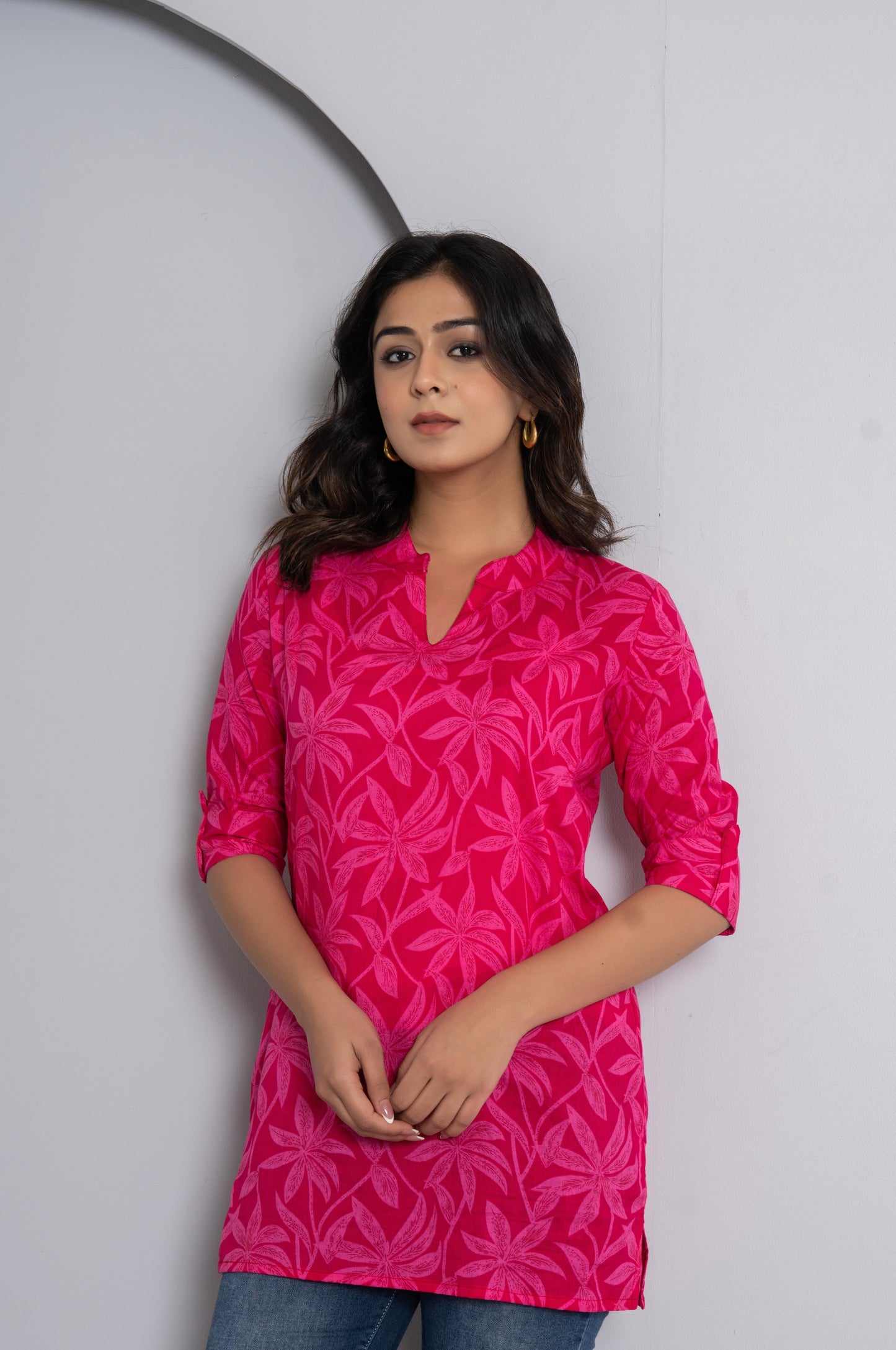 FLOWER PRINT COTTON TOP IN RANIPINK COLOUR BY PLUSSIZEKURTI