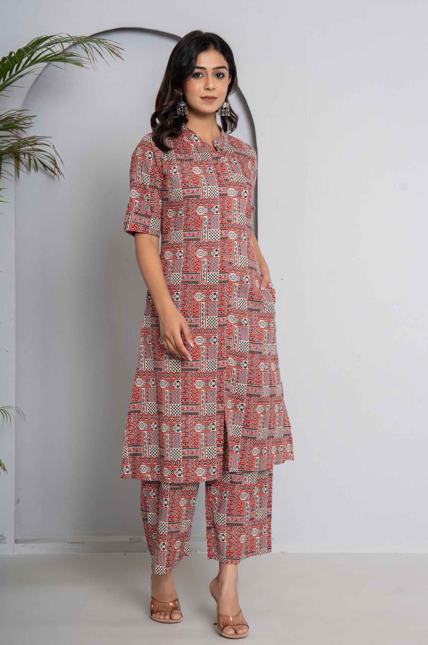 GEOMETRIC PRINT COTTON 2 PEICE KURTI PLAZZO SET IN MULTICOLOUR BY PLUSSIZEKURTI