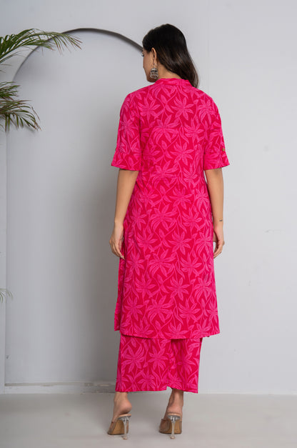 FLOWER PRINT COTTON 2 PEICE KURTI PLAZZO SET IN RANIPINK BY PLUSSIZEKURTI
