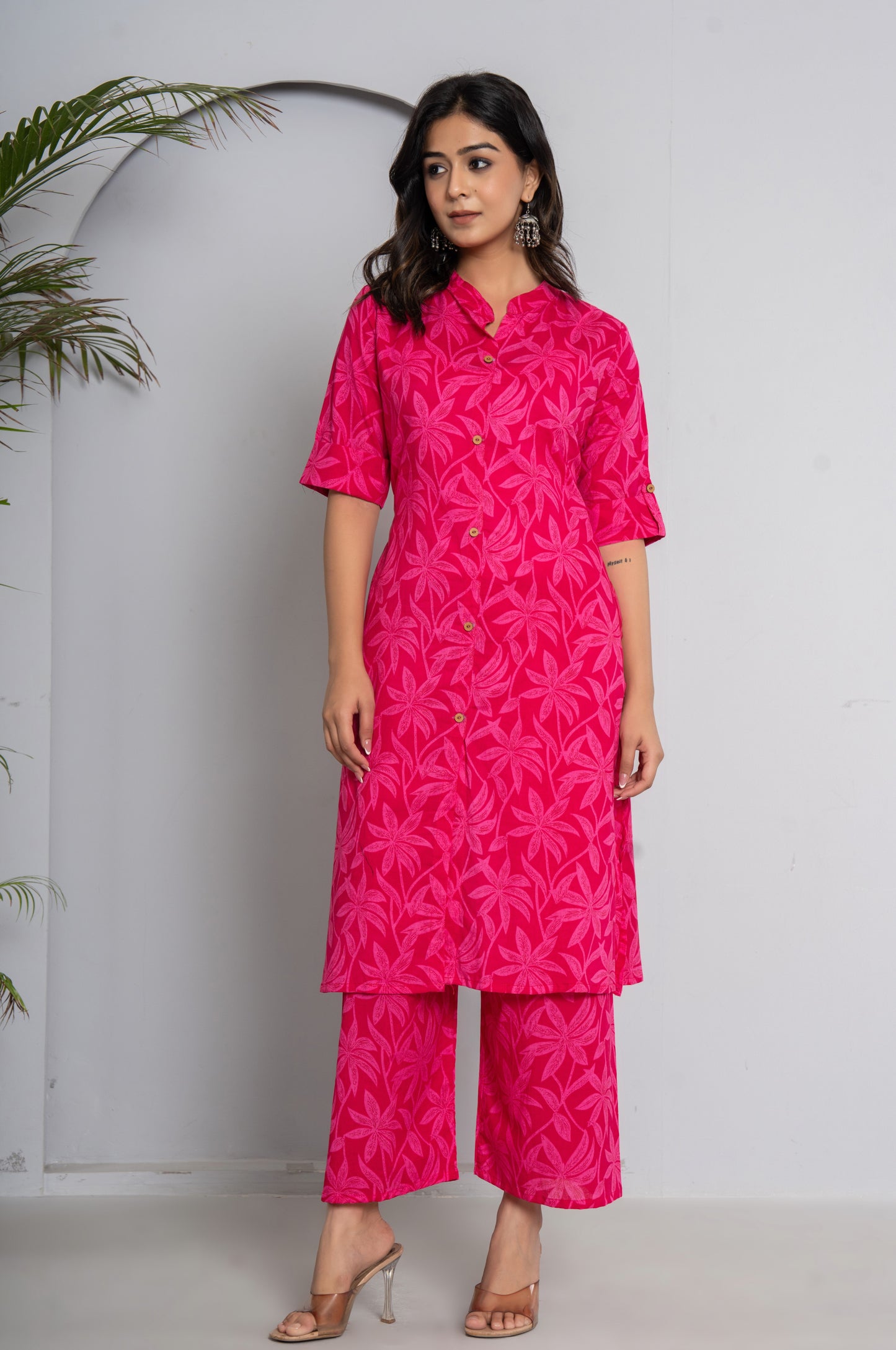 FLOWER PRINT COTTON 2 PEICE KURTI PLAZZO SET IN RANIPINK BY PLUSSIZEKURTI