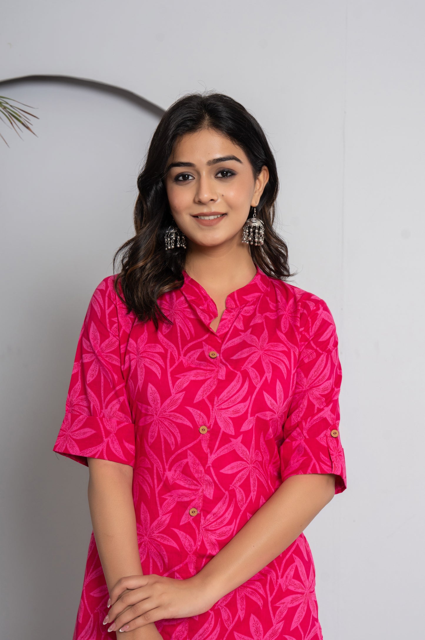 FLOWER PRINT COTTON 2 PEICE KURTI PLAZZO SET IN RANIPINK BY PLUSSIZEKURTI
