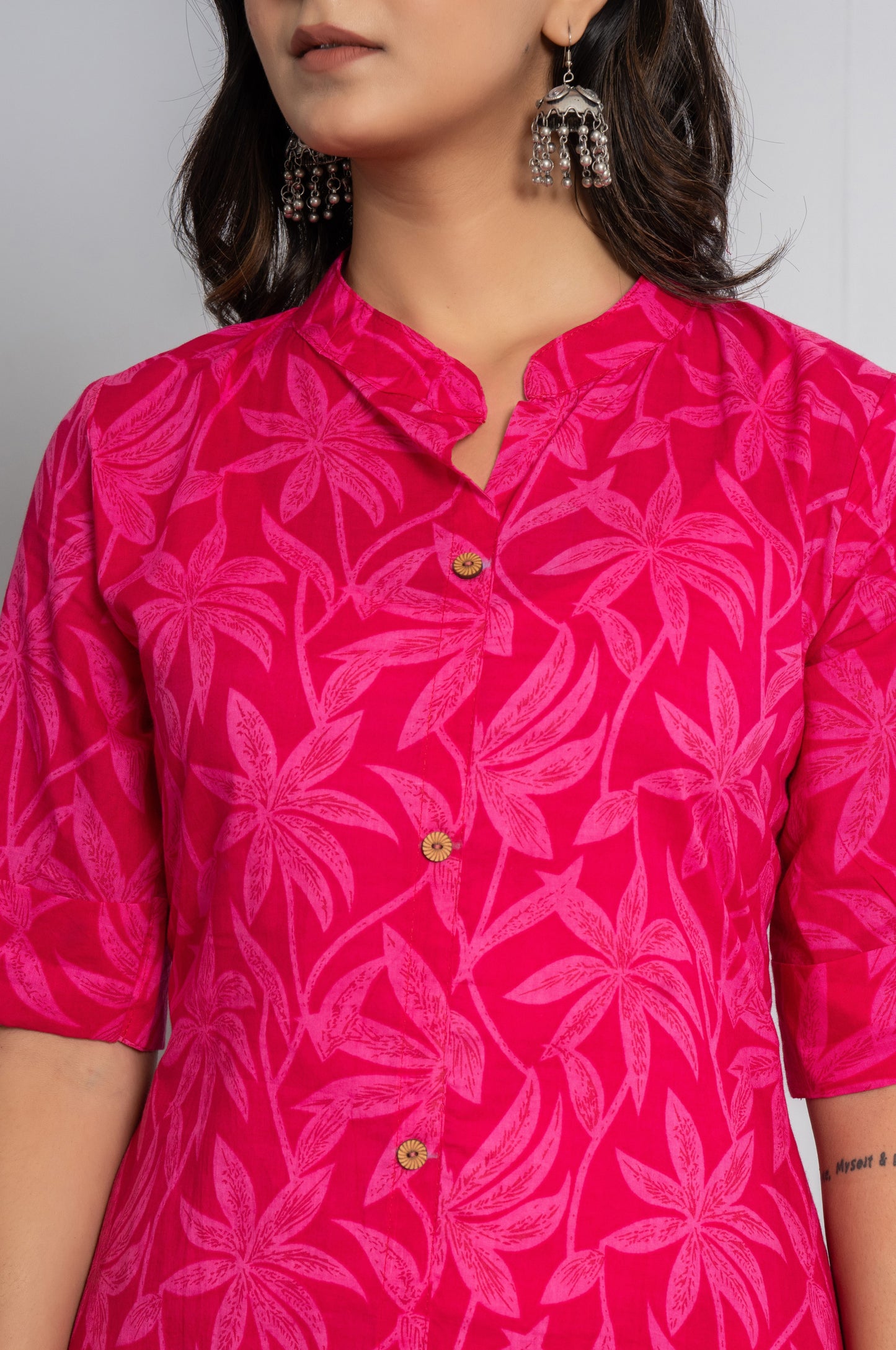FLOWER PRINT COTTON 2 PEICE KURTI PLAZZO SET IN RANIPINK BY PLUSSIZEKURTI