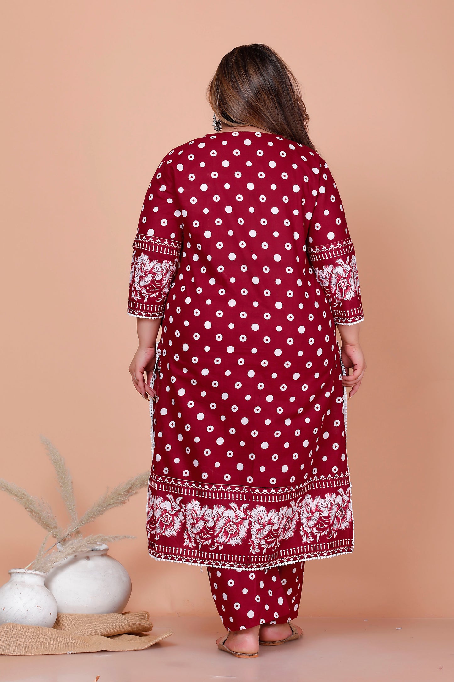 POLKA DOT FLORAL PRINT COTTON 3 PEICE KURTA PANT IN RED BY PLUSSIZEKURTI