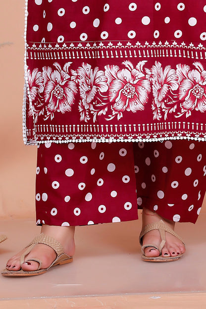 POLKA DOT FLORAL PRINT COTTON 3 PEICE KURTA PANT IN RED BY PLUSSIZEKURTI