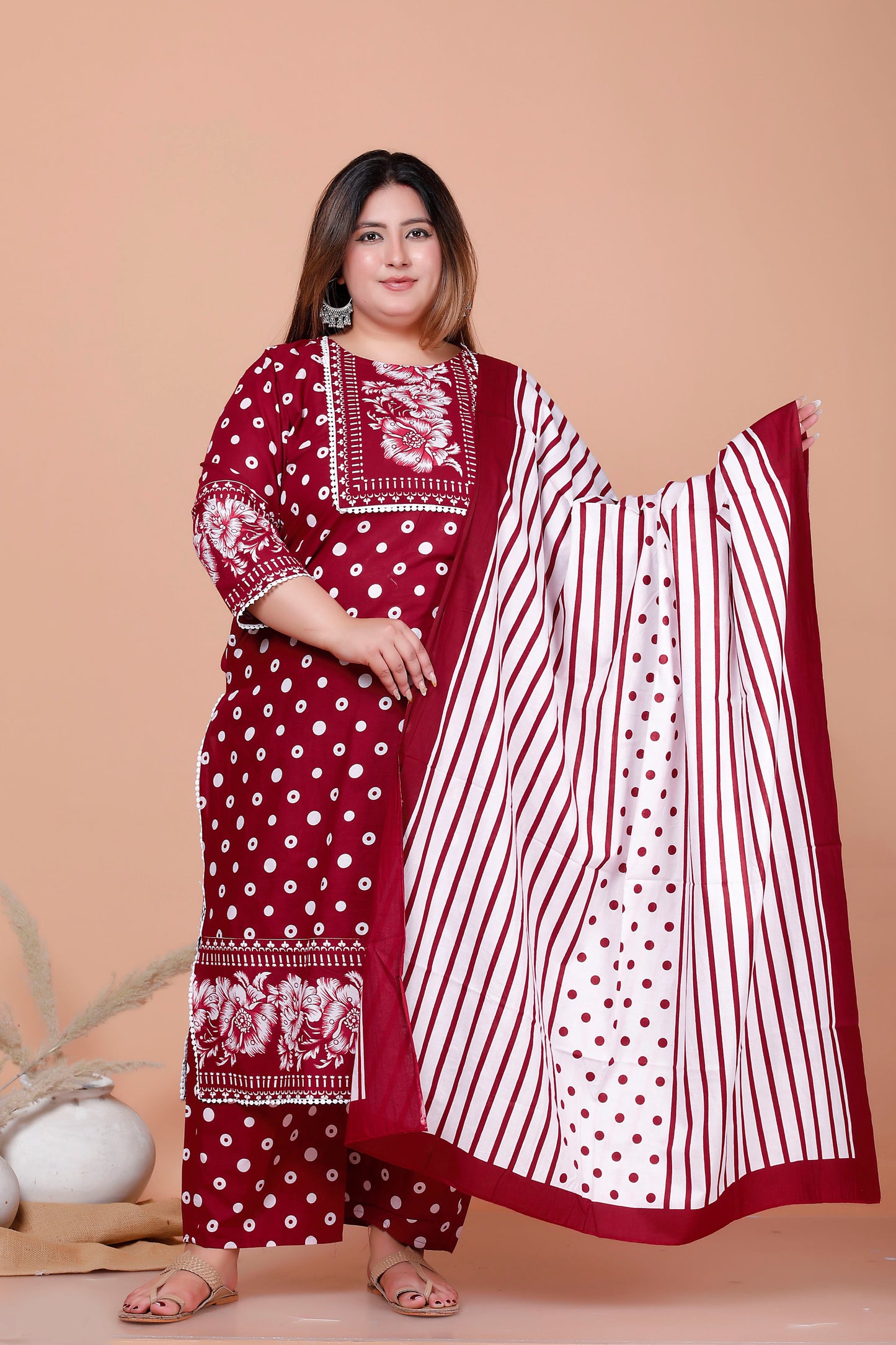 POLKA DOT FLORAL PRINT COTTON 3 PEICE KURTA PANT IN RED BY PLUSSIZEKURTI