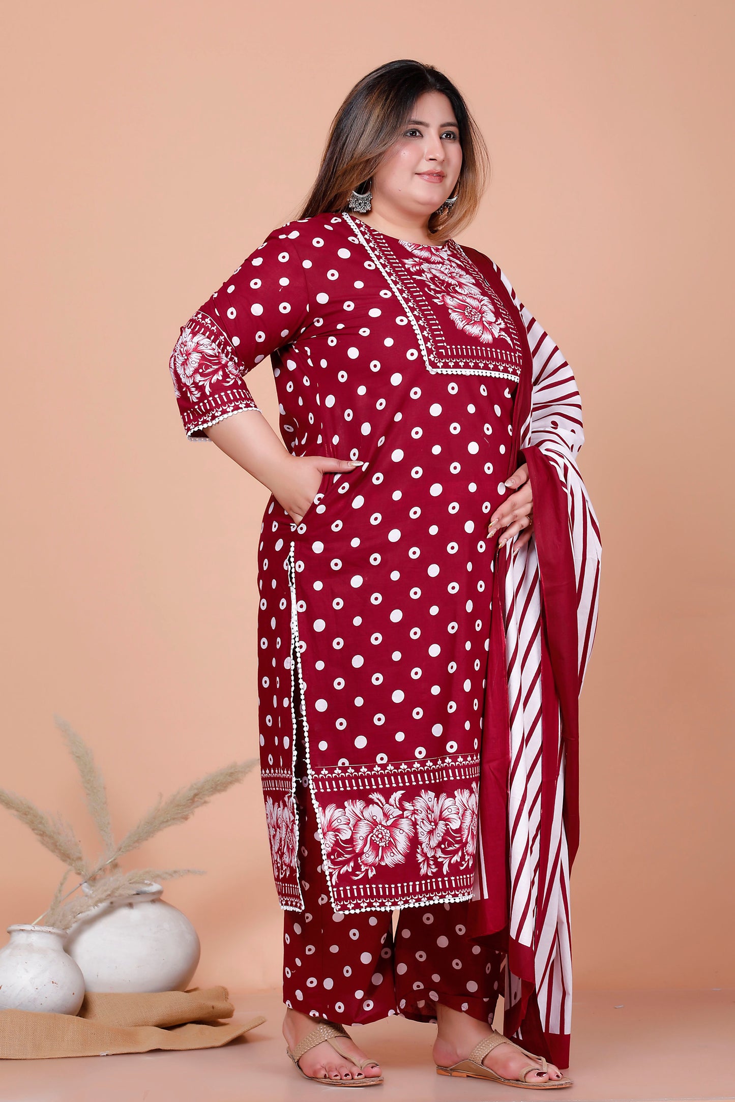 POLKA DOT FLORAL PRINT COTTON 3 PEICE KURTA PANT IN RED BY PLUSSIZEKURTI