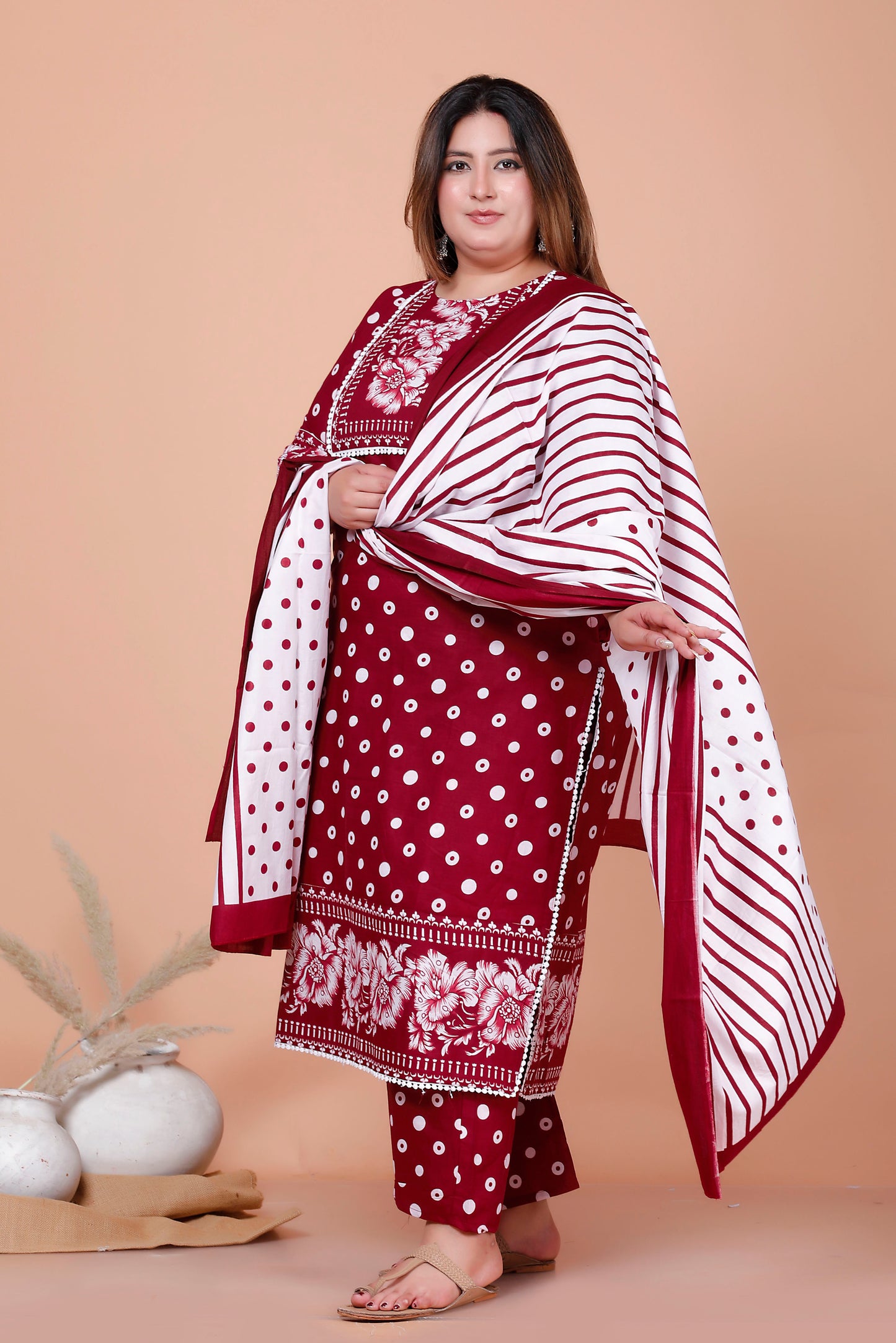 POLKA DOT FLORAL PRINT COTTON 3 PEICE KURTA PANT IN RED BY PLUSSIZEKURTI