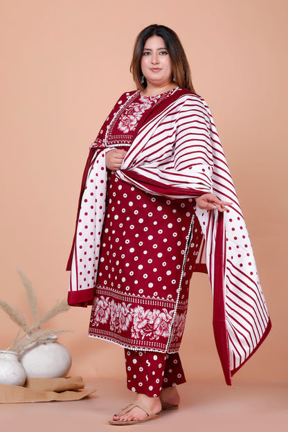 POLKA DOT FLORAL PRINT COTTON 3 PEICE KURTA PANT IN RED BY PLUSSIZEKURTI