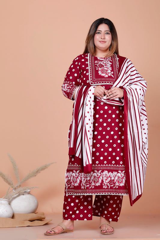 POLKA DOT FLORAL PRINT COTTON 3 PEICE KURTA PANT IN RED BY PLUSSIZEKURTI