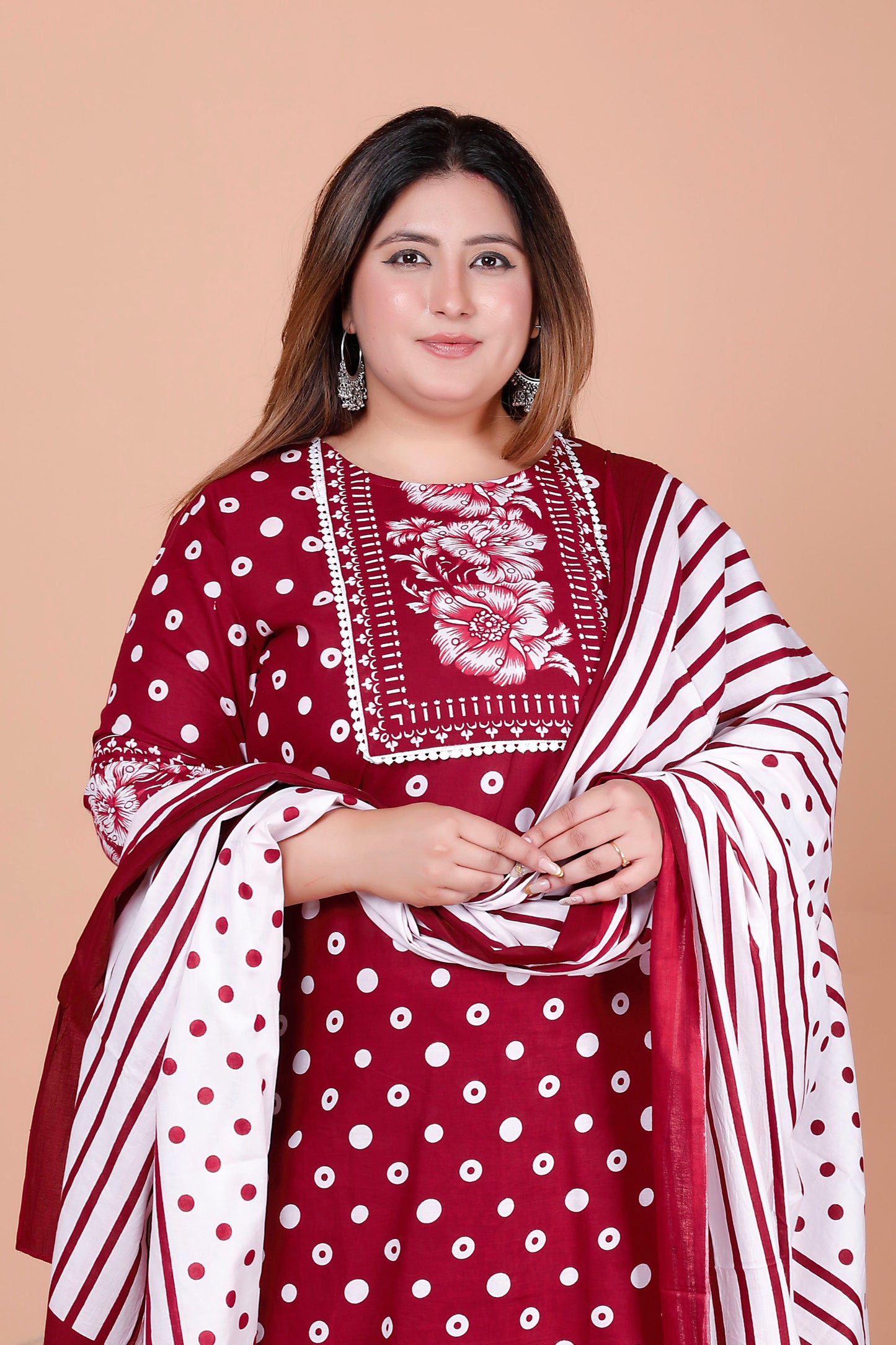 POLKA DOT FLORAL PRINT COTTON 3 PEICE KURTA PANT IN RED BY PLUSSIZEKURTI