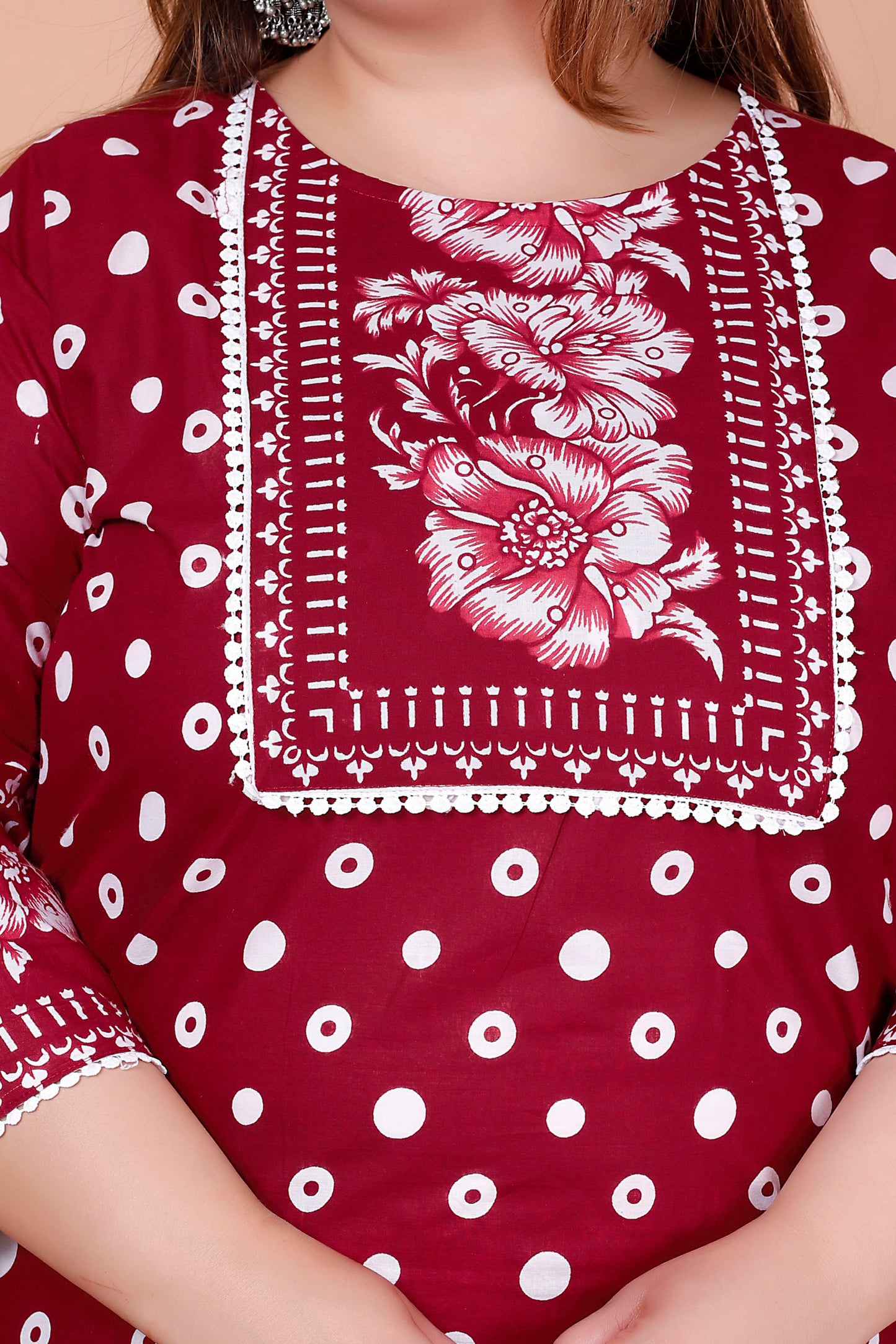 POLKA DOT FLORAL PRINT COTTON 3 PEICE KURTA PANT IN RED BY PLUSSIZEKURTI