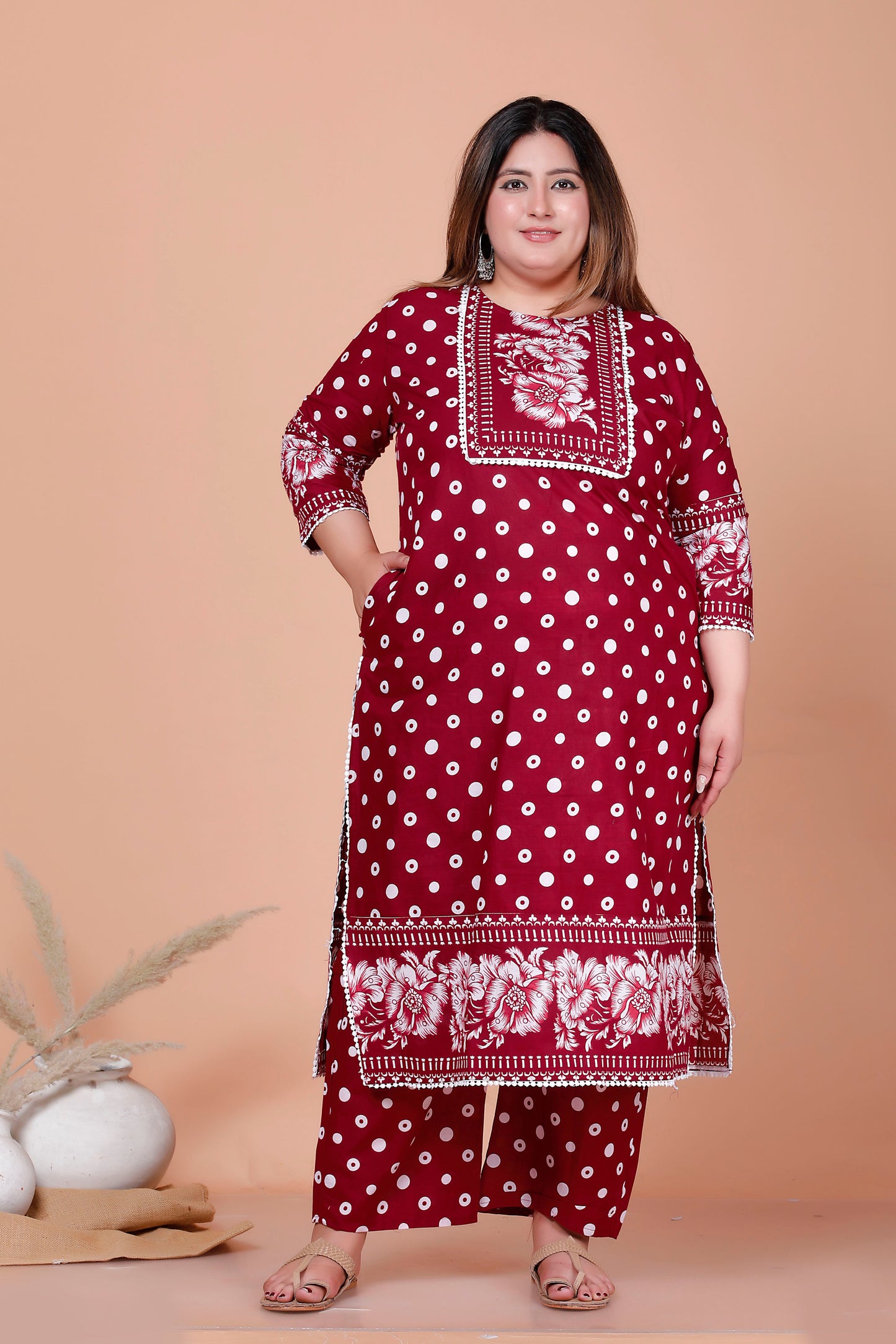 POLKA DOT FLORAL PRINT COTTON 3 PEICE KURTA PANT IN RED BY PLUSSIZEKURTI