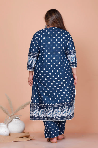 POLKA DOT FLORAL PRINT COTTON 3 PEICE KURTA PANT IN BLUE BY PLUSSIZEKURTI