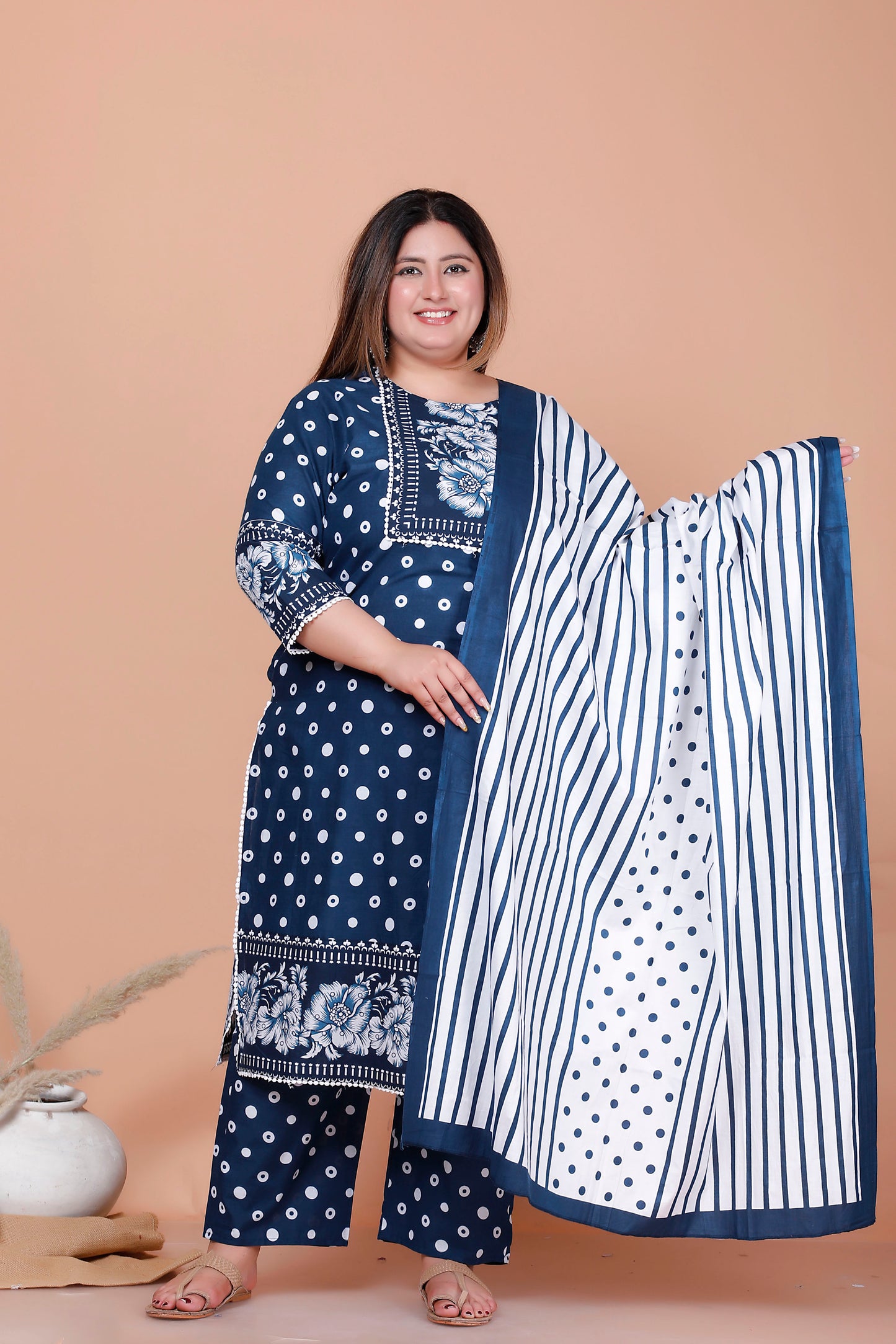POLKA DOT FLORAL PRINT COTTON 3 PEICE KURTA PANT IN BLUE BY PLUSSIZEKURTI