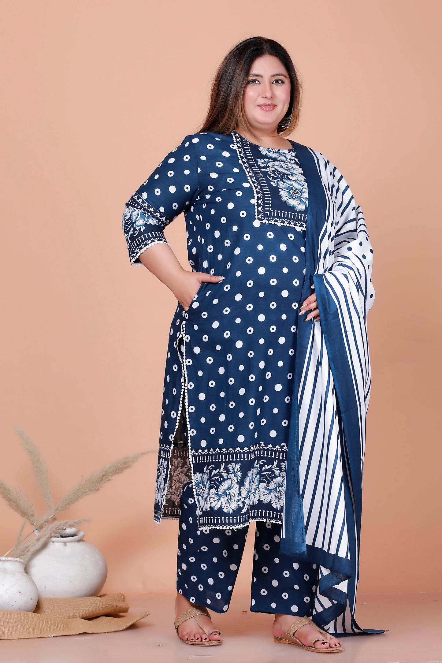 POLKA DOT FLORAL PRINT COTTON 3 PEICE KURTA PANT IN BLUE BY PLUSSIZEKURTI