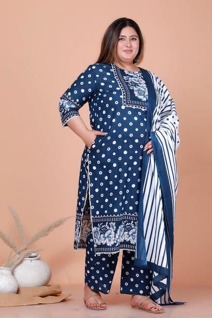 POLKA DOT FLORAL PRINT COTTON 3 PEICE KURTA PANT IN BLUE BY PLUSSIZEKURTI