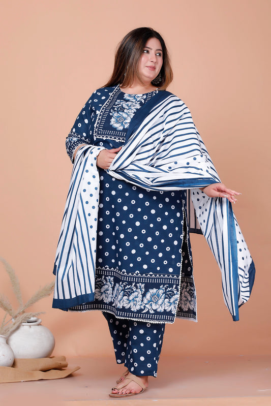 POLKA DOT FLORAL PRINT COTTON 3 PEICE KURTA PANT IN BLUE BY PLUSSIZEKURTI