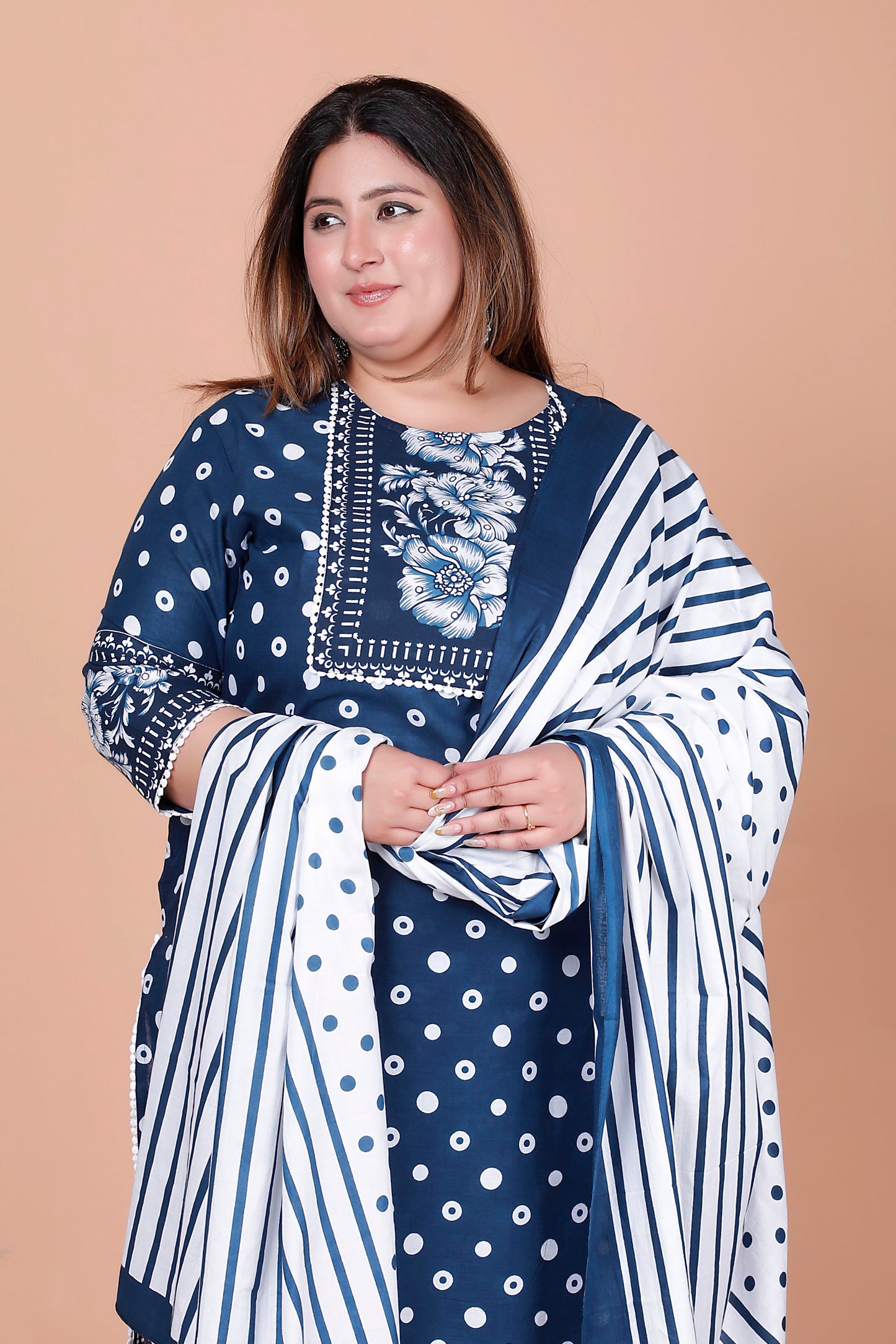 POLKA DOT FLORAL PRINT COTTON 3 PEICE KURTA PANT IN BLUE BY PLUSSIZEKURTI