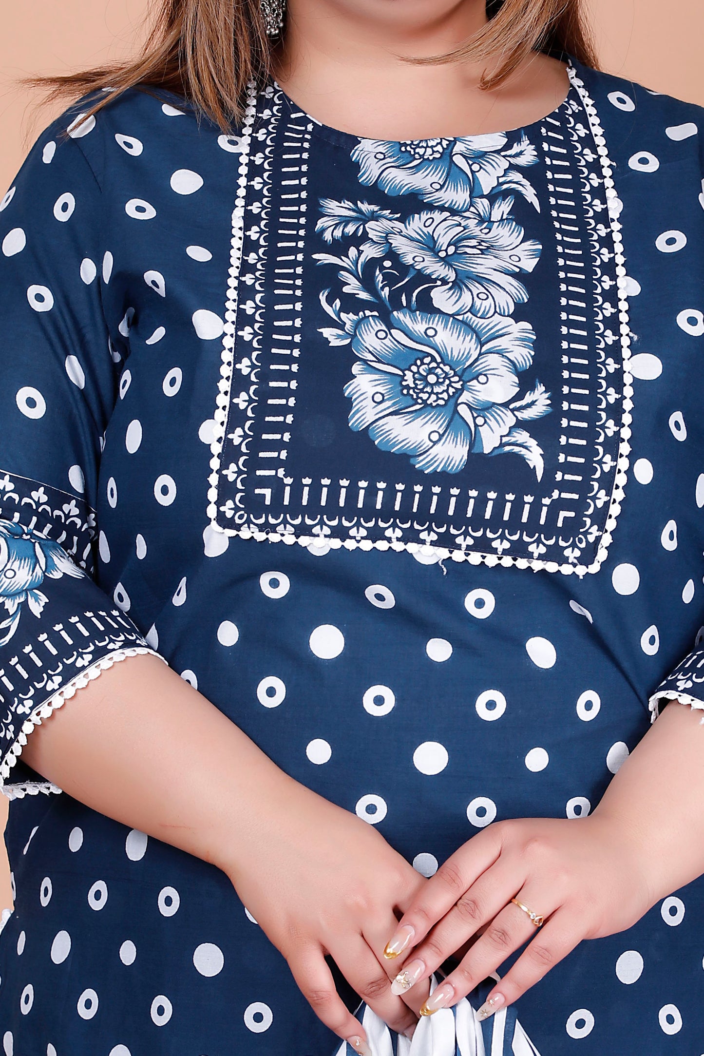 POLKA DOT FLORAL PRINT COTTON 3 PEICE KURTA PANT IN BLUE BY PLUSSIZEKURTI