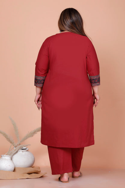 MEDALLION FLORAL MOTIF PRINT COTTON 3 PEICE KURTA PANT IN RED MAROON BY PLUSSIZEKURTI