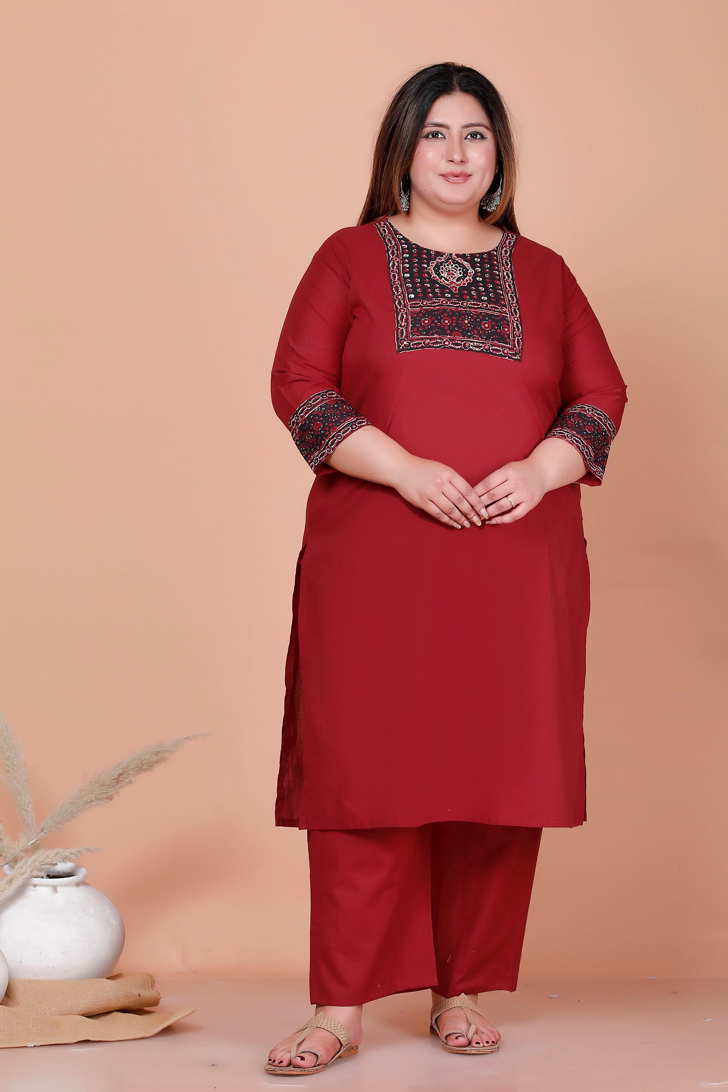 MEDALLION FLORAL MOTIF PRINT COTTON 3 PEICE KURTA PANT IN RED MAROON BY PLUSSIZEKURTI