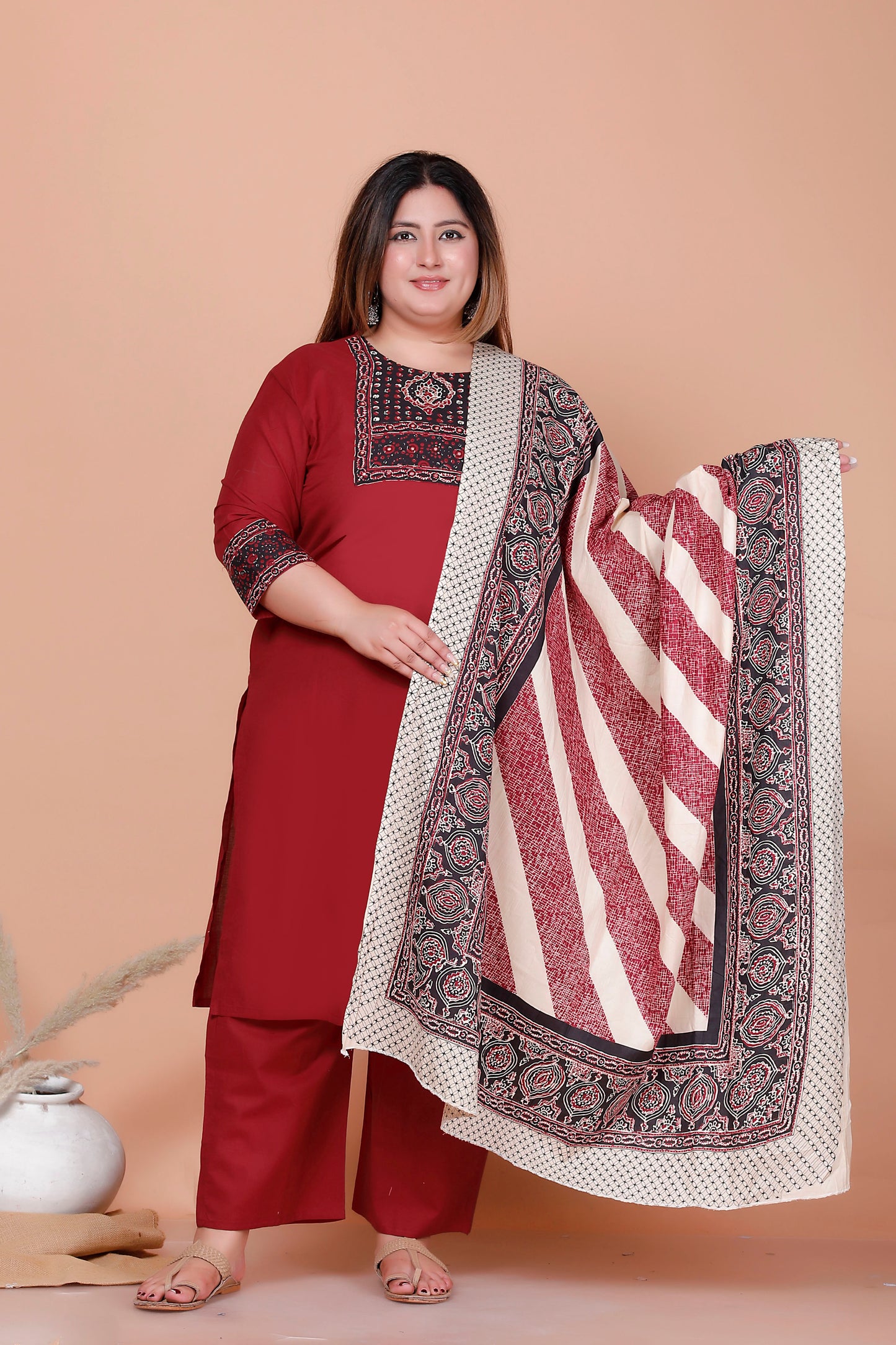 MEDALLION FLORAL MOTIF PRINT COTTON 3 PEICE KURTA PANT IN RED MAROON BY PLUSSIZEKURTI