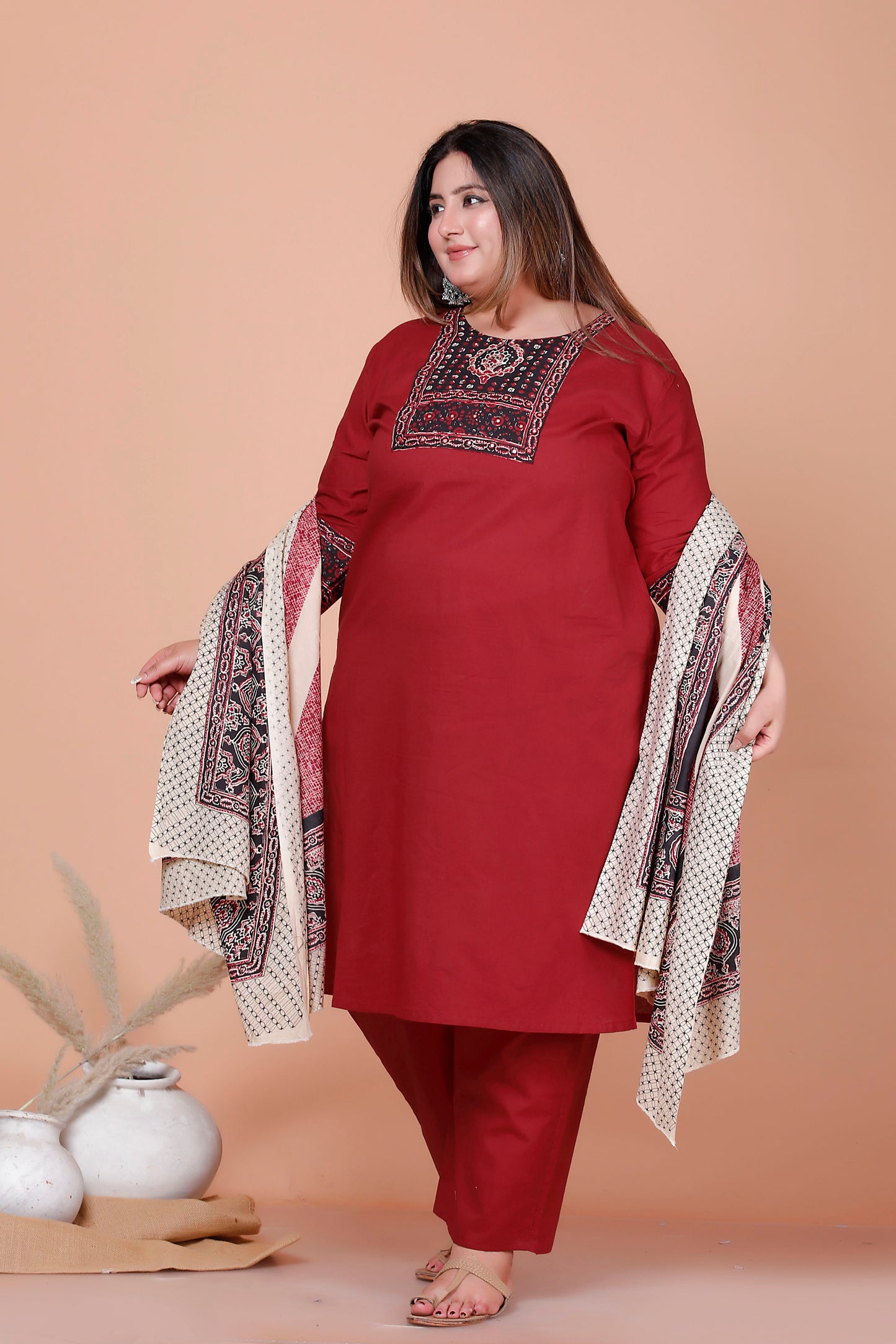 MEDALLION FLORAL MOTIF PRINT COTTON 3 PEICE KURTA PANT IN RED MAROON BY PLUSSIZEKURTI