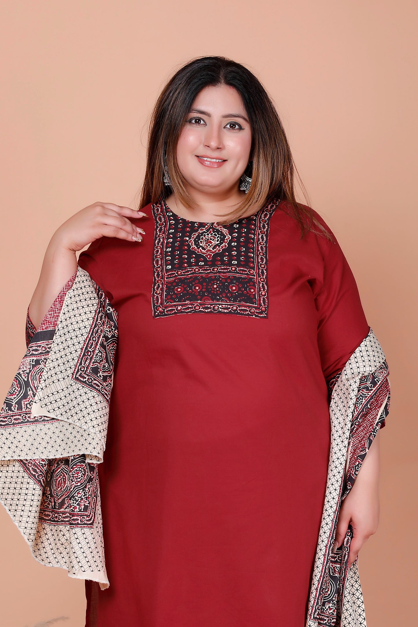 MEDALLION FLORAL MOTIF PRINT COTTON 3 PEICE KURTA PANT IN RED MAROON BY PLUSSIZEKURTI