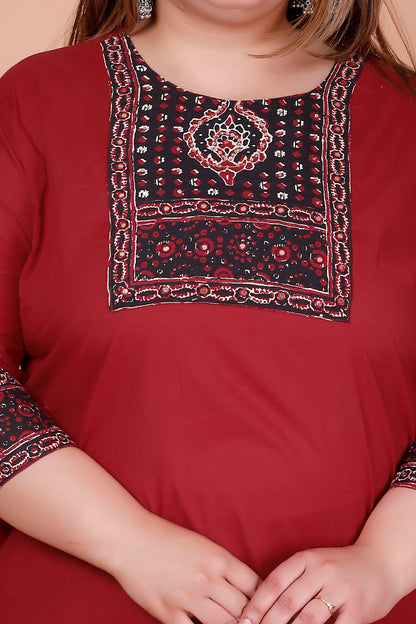 MEDALLION FLORAL MOTIF PRINT COTTON 3 PEICE KURTA PANT IN RED MAROON BY PLUSSIZEKURTI