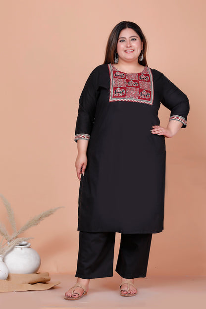 ELEPHANT MOTIF PRINT COTTON 3 PEICE KURTA PANT IN BLACK BY PLUSSIZEKURTI