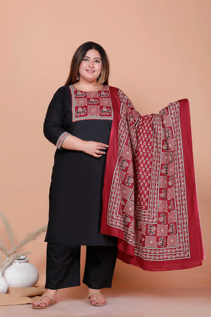 ELEPHANT MOTIF PRINT COTTON 3 PEICE KURTA PANT IN BLACK BY PLUSSIZEKURTI