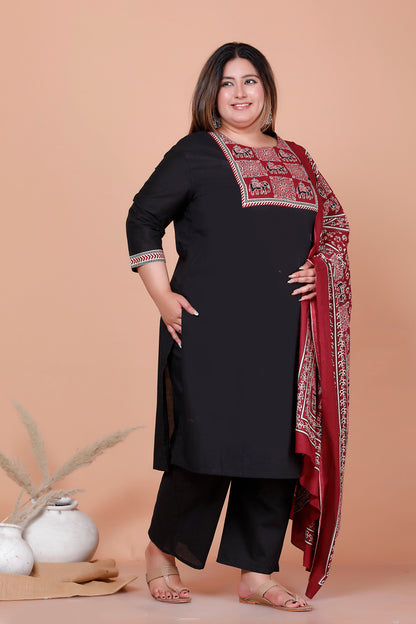 ELEPHANT MOTIF PRINT COTTON 3 PEICE KURTA PANT IN BLACK BY PLUSSIZEKURTI