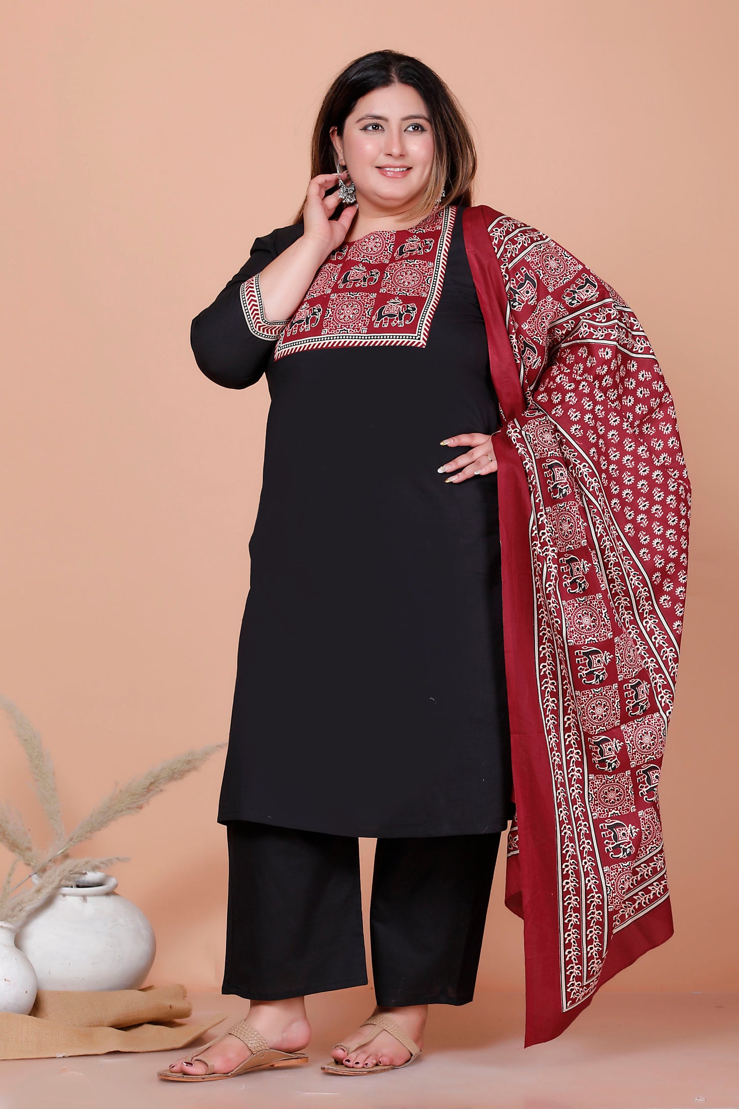 ELEPHANT MOTIF PRINT COTTON 3 PEICE KURTA PANT IN BLACK BY PLUSSIZEKURTI